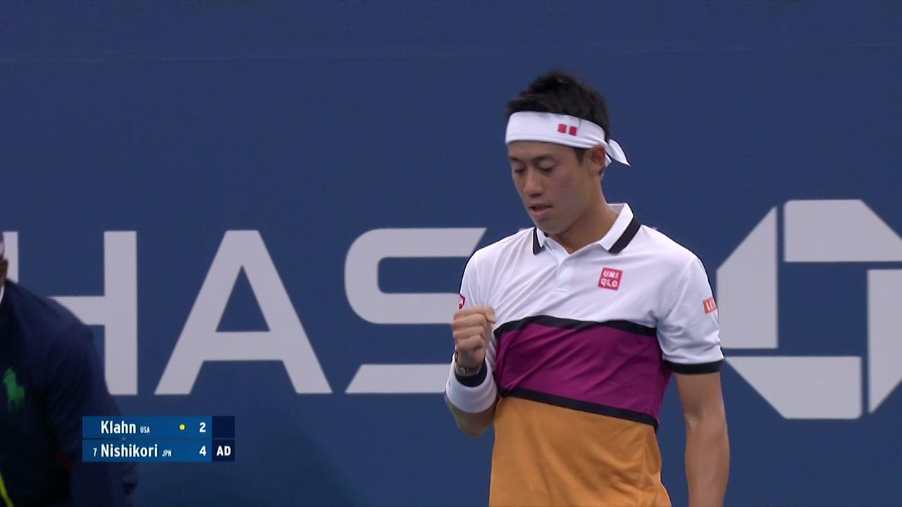 SlamTracker Break Point; Nishikori wins the point with a backhand